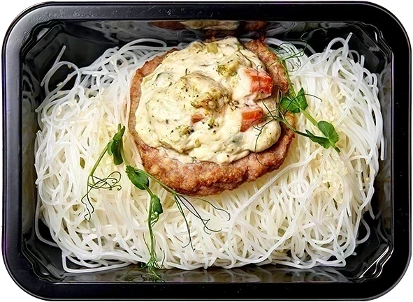 Мясная ватрушка, запеченная с овощами, Лапша фунчоза
