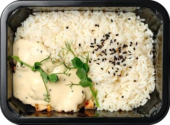 Буженина из курицы с горчичным соусом, Отварной рис с черным кунжутом