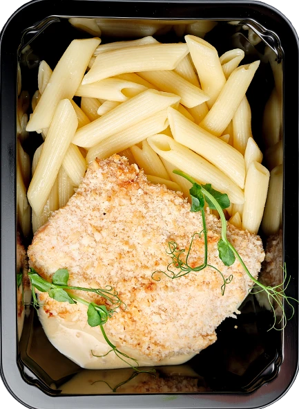 Куриный шницель с медово-горчичным соусом - Паста пенне