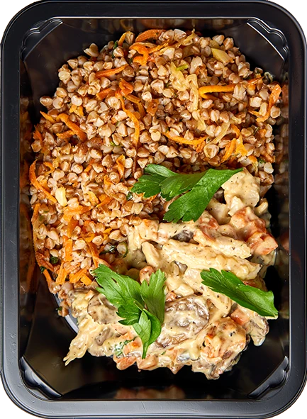 Фрикассе из цыпленка с грибами и Гречка по-деревенски