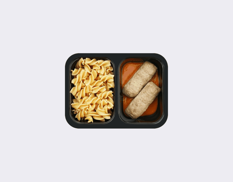 Митлоф с овощным соусом. Паста из чечевичной муки