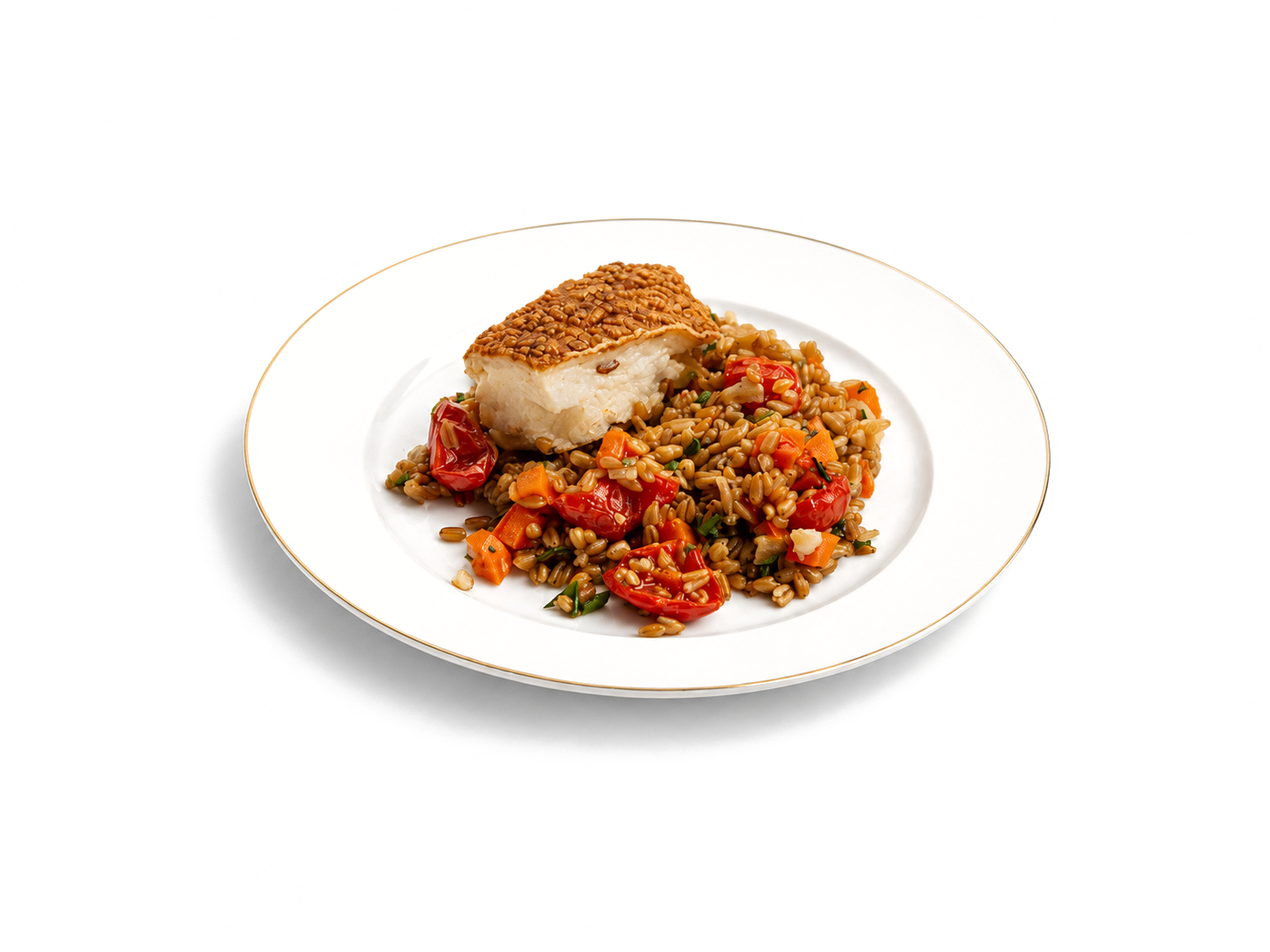 Треска под белково-сырным суфле с полбой и овощами