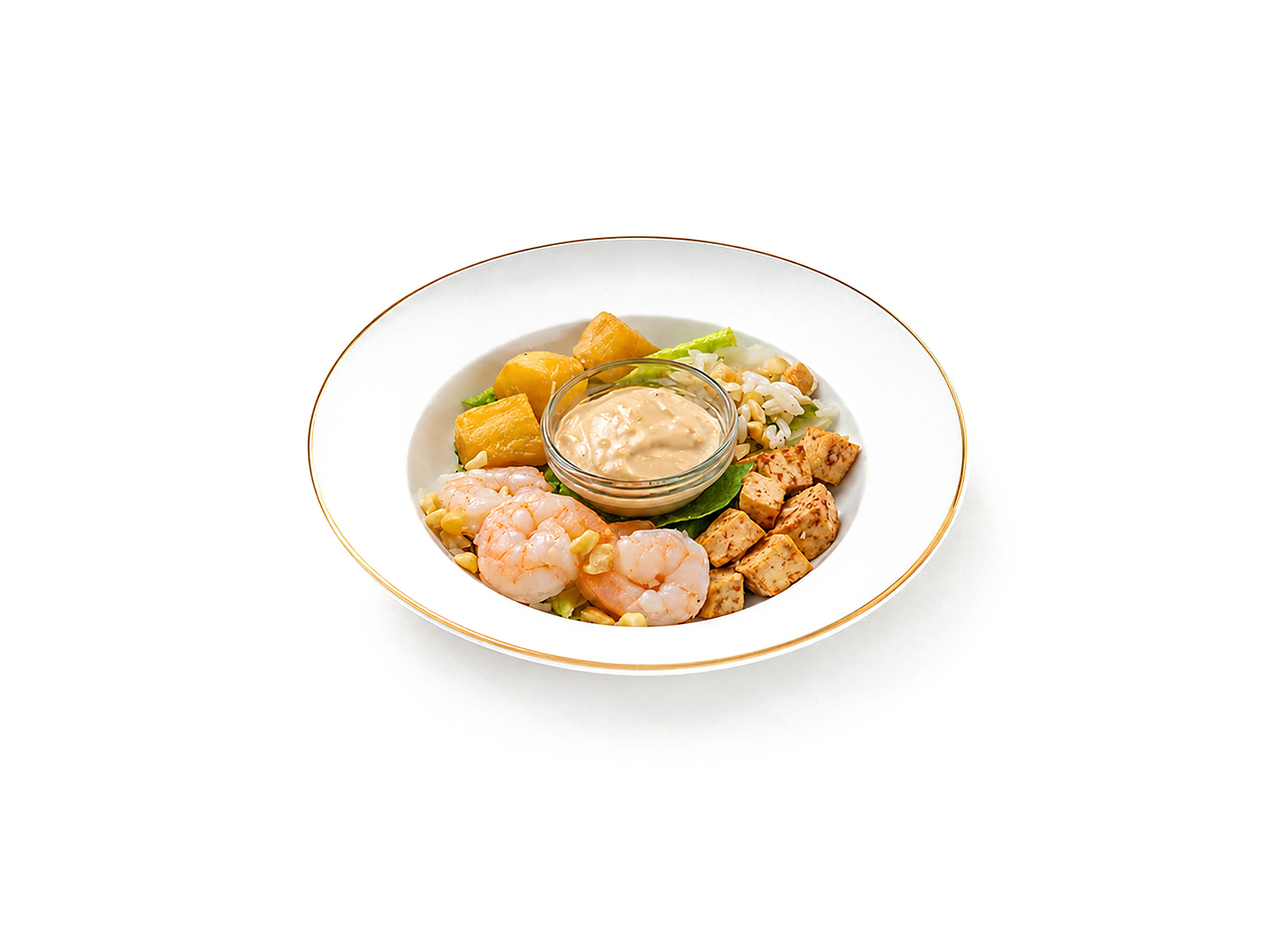 Поке с креветками, жаренным ананасом, кешью и сыром тофу